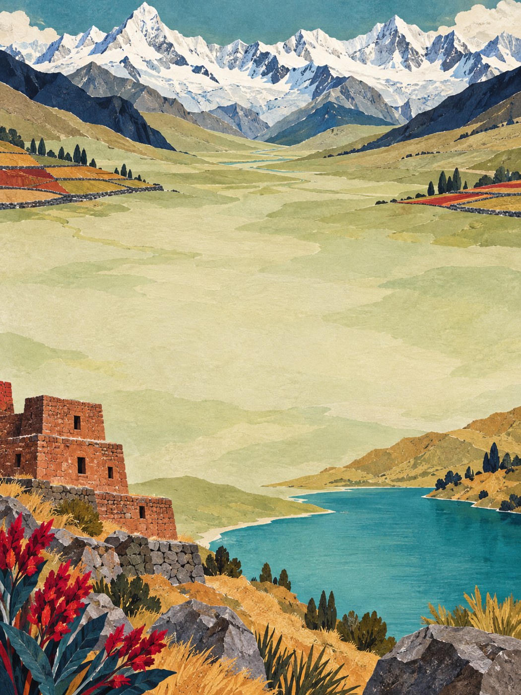 Paisaje ilustrado de la Cordillera Blanca, laguna y arquitectura de piedra; distribución imaginaria